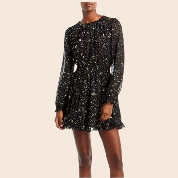 Bloomingdale's AQUA Black and Gold Star Foil Mini Dress Size Medium - Picture 1 of 13